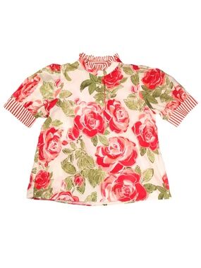 Jodifl Red Rose Floral Blouse Puff Sleeve Ruffle Neck Cottagecore Size Small